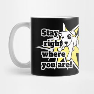 Stay right where you are! A white dog in a fighting pose against the background of a yellow star Mug